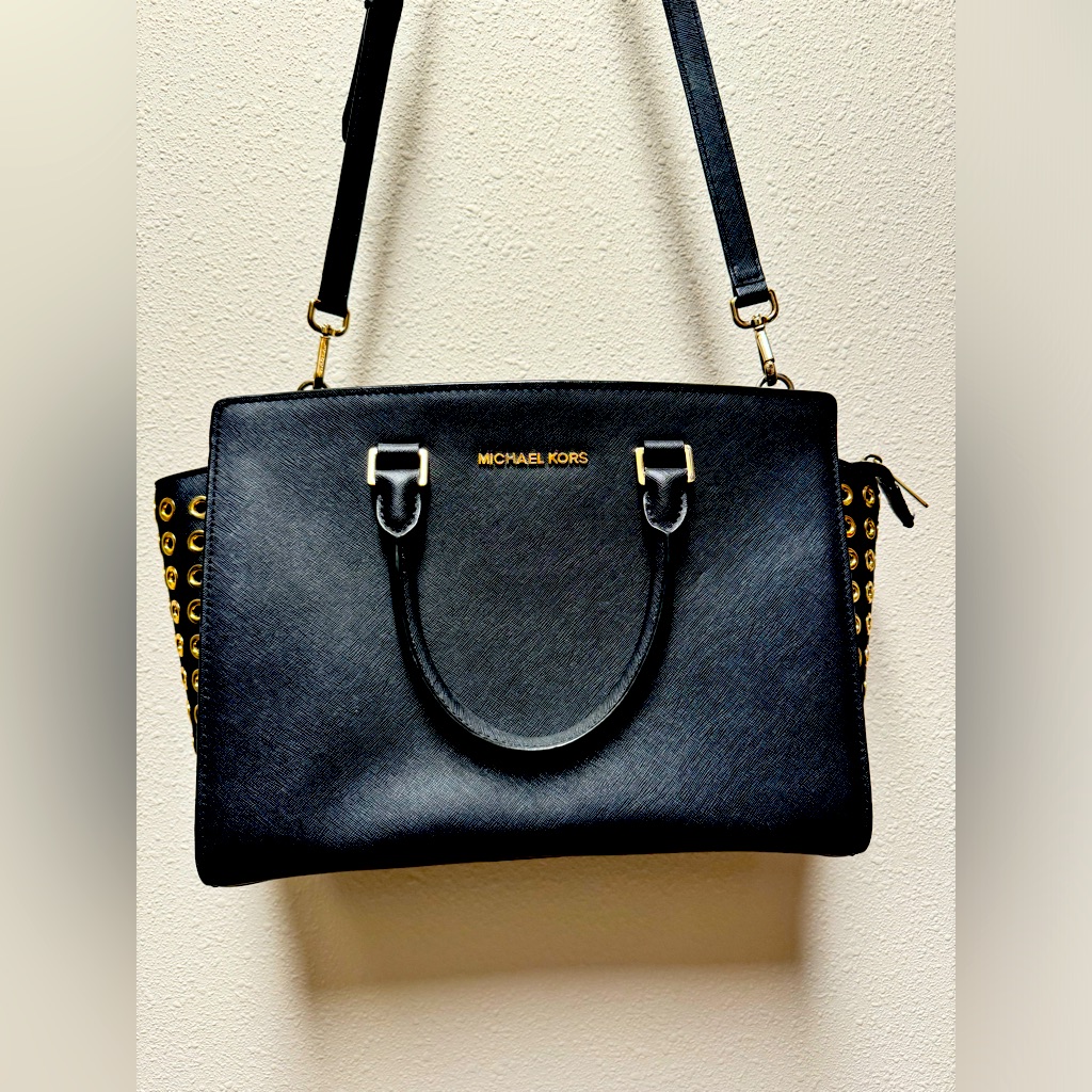 Michael Kors Black Leather Satchel With Gold Grommet Detail